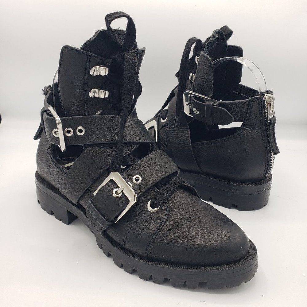 Dolce Vita Preia Ankle Boots 6.5 Black Leather Lace Up Criss Cross Buckles